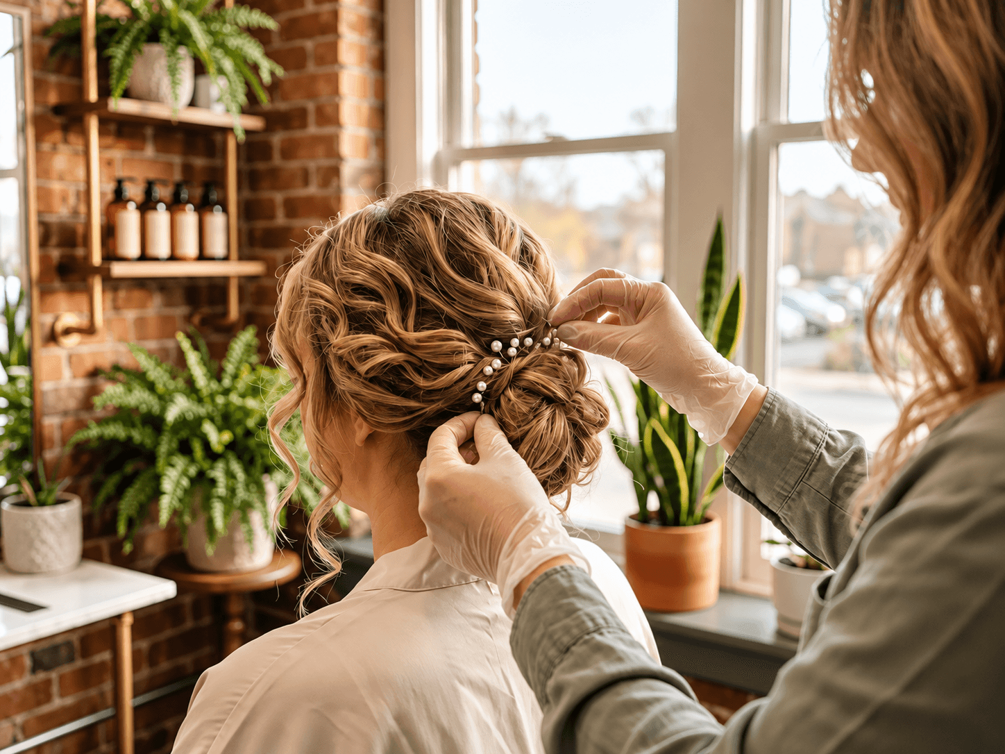 Stylist arranging a detailed updo during a hair dressing lesson