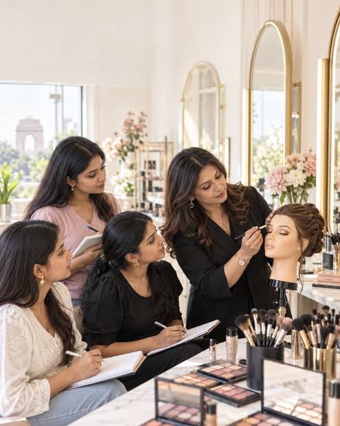 Beauty students learning makeup application together in a training salon