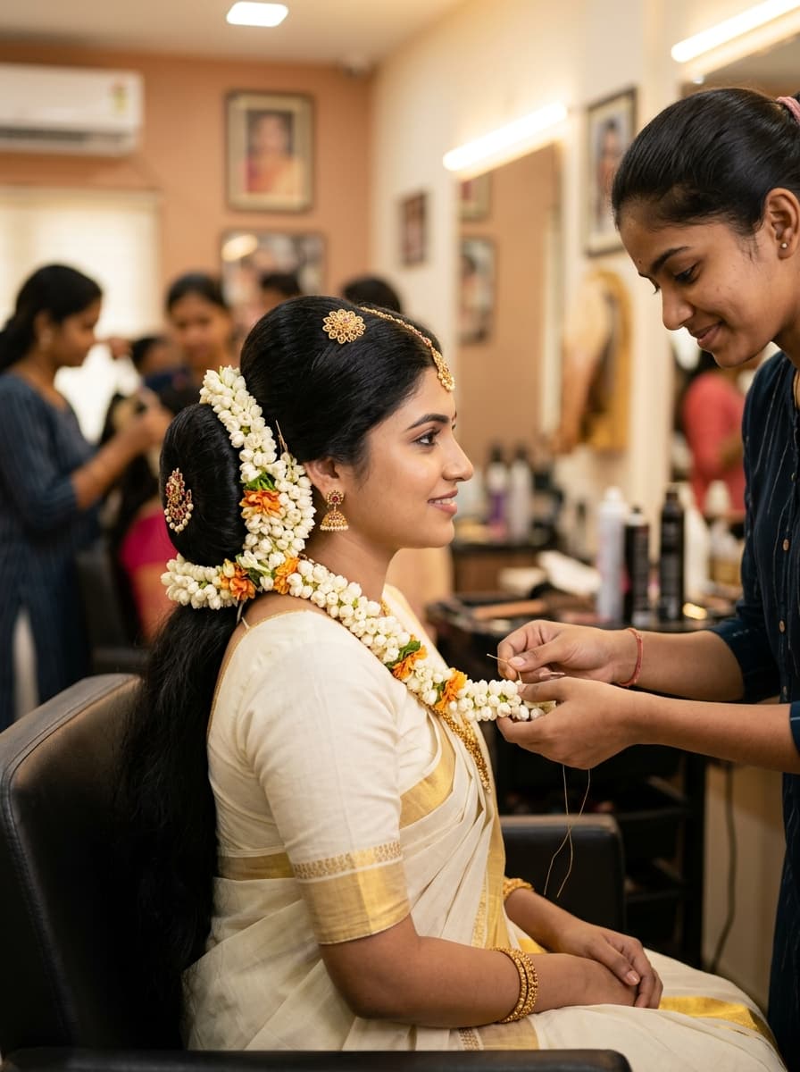 Beauty student styling a Kerala bridal bun with jasmine flowers