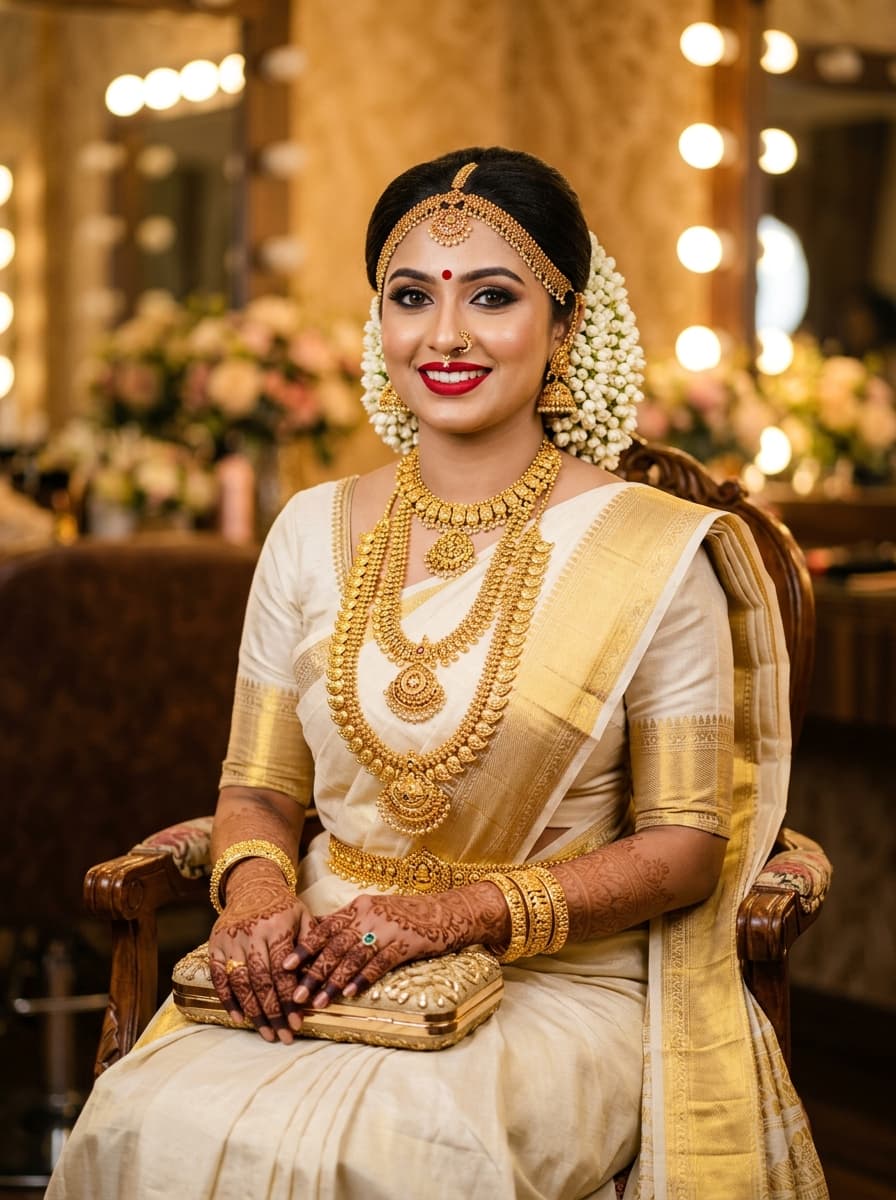Smiling Kerala bride in a kasavu saree with professional makeup, gold jewellery and jasmine, in a makeup studio